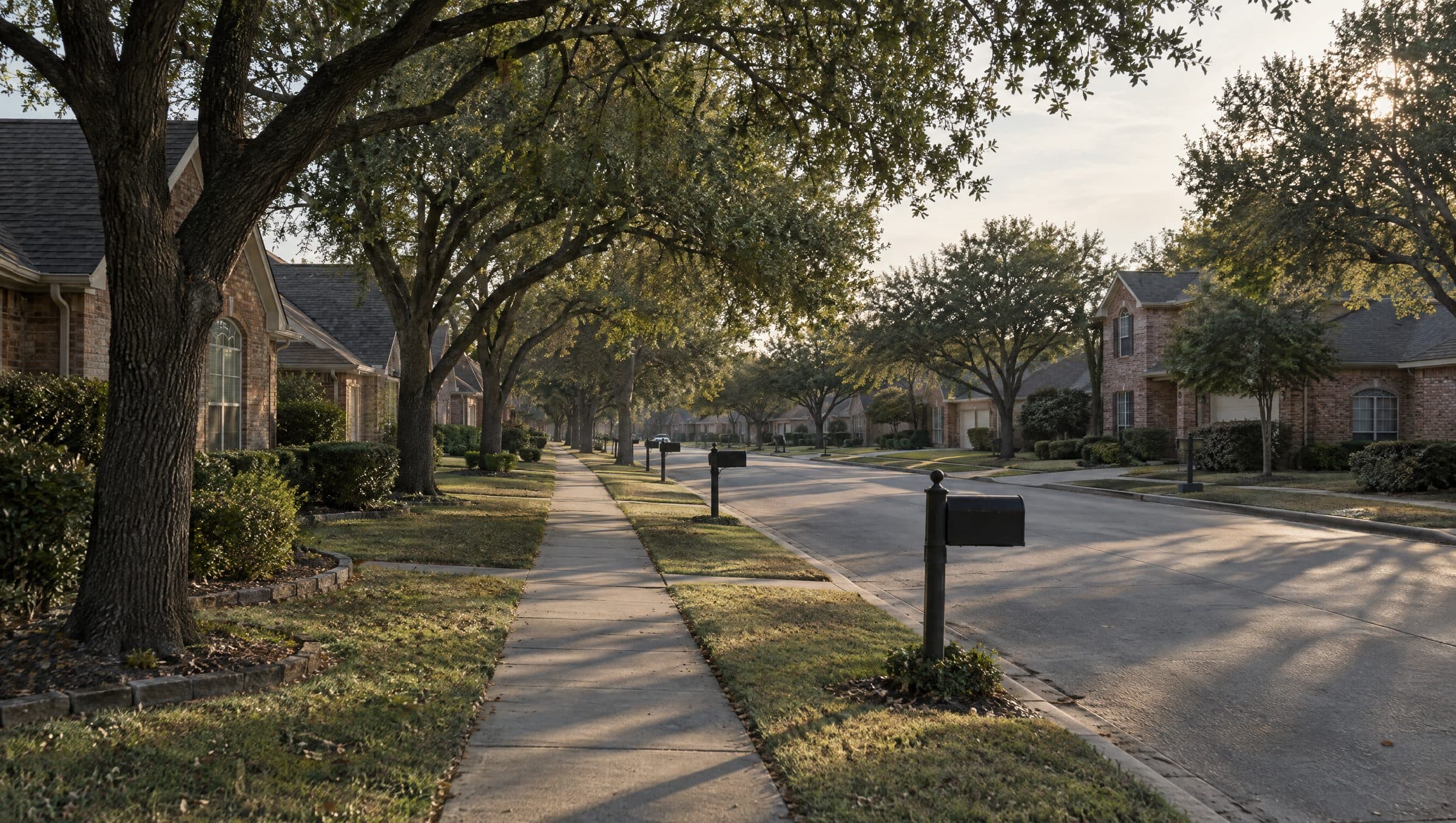 A Texas street of brick houses under live oaks.